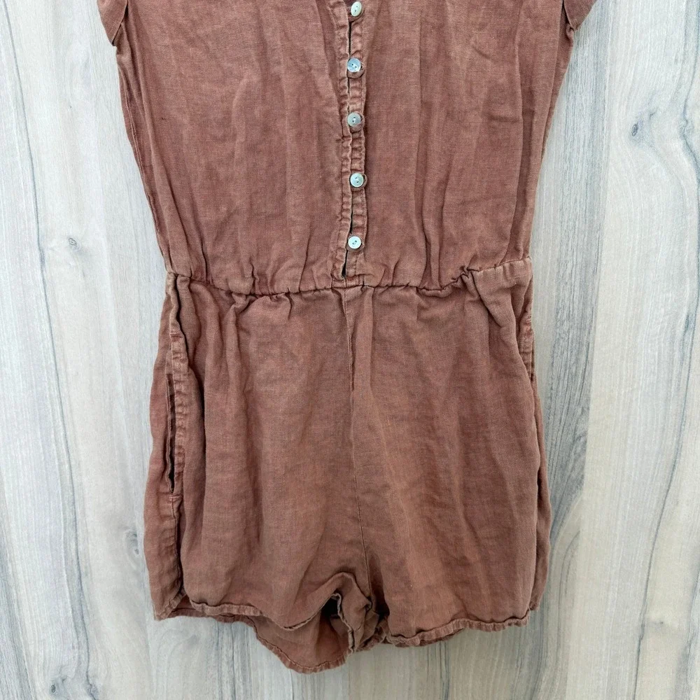 Bella Dahl Womens Linen Romper XS Brown Button Front Boho Earthy Minimal Coastal